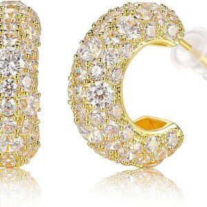 Yellow Gold C-Shape Cubic Zirconia Stud Earrings with Sparkle & Hypoallergenic F